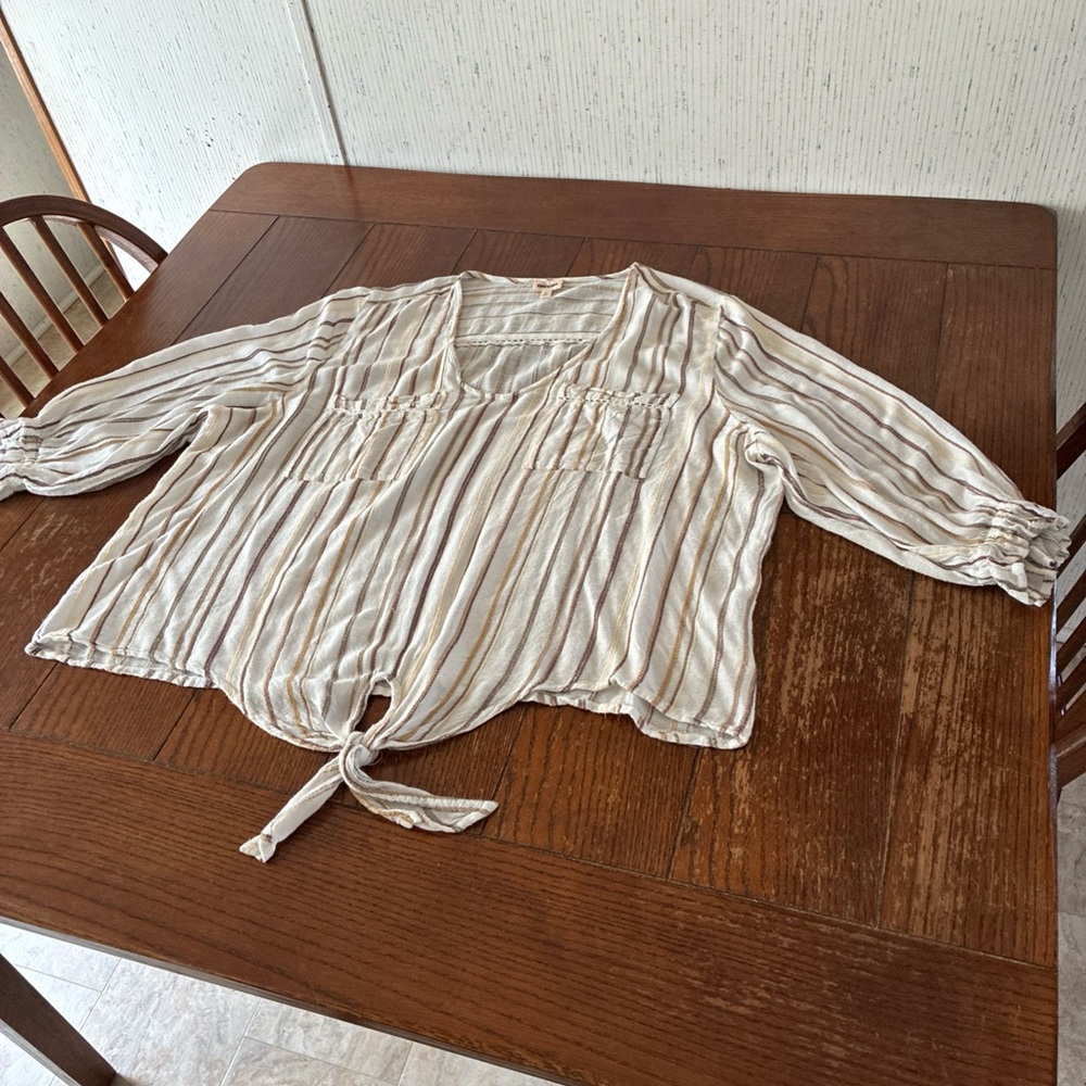 Dizzire Boho Tie Hem Blouse Women’s 2X Gauze Flowy Top Striped 3/4 Sleeves